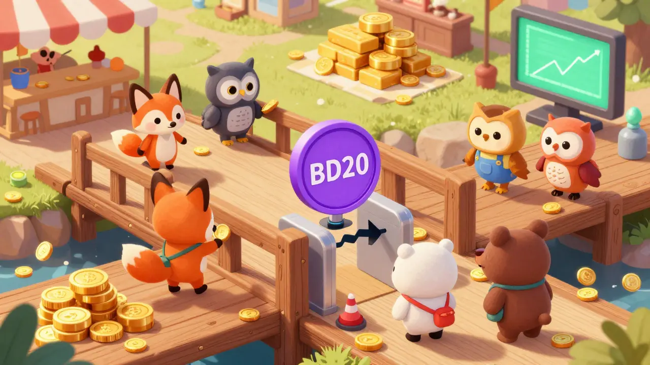 Cute animals trading a purple coin at a turnstile on a wooden bridge in a colorful marketplace