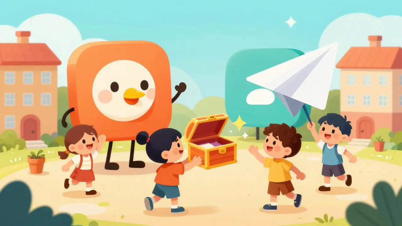 Cute characters interacting with friendly social media icons and a treasure chest wallet.