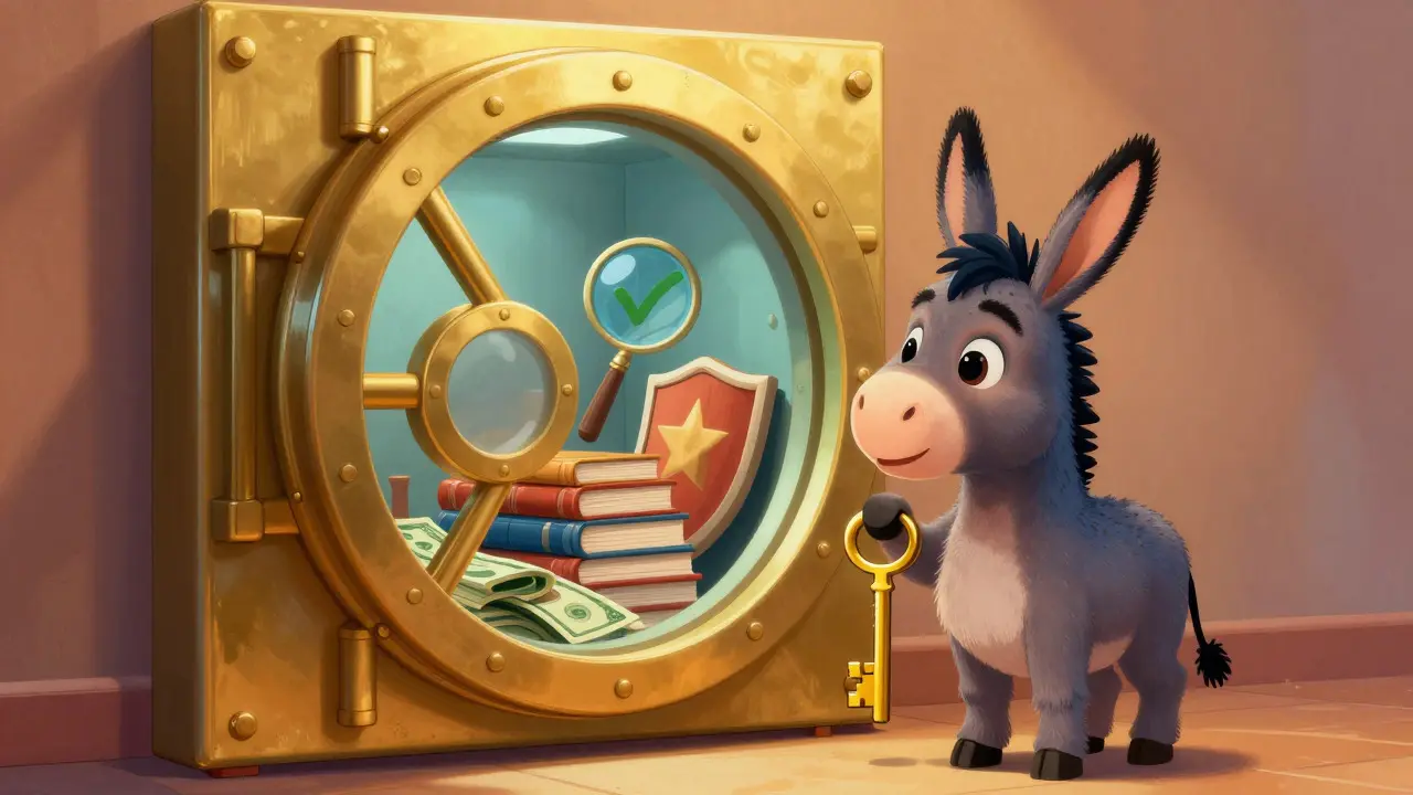 Cute donkey with a golden key standing next to a secure vault full of books