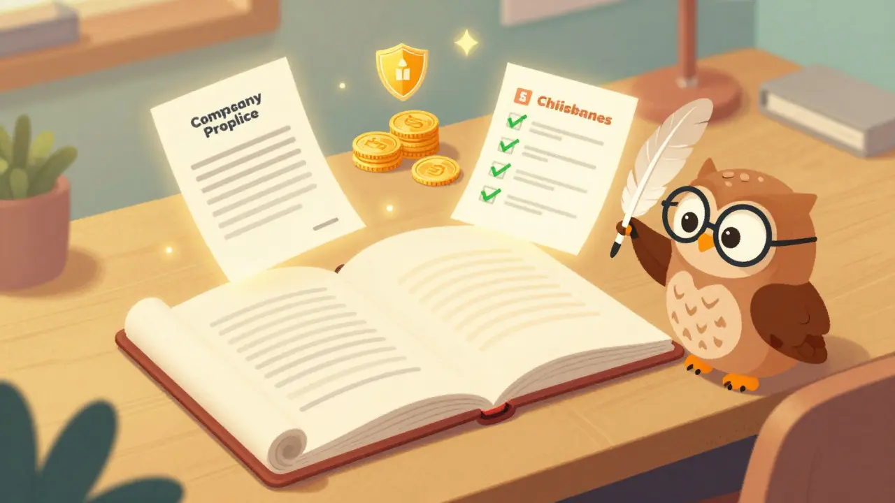 Cute owl helping organize glowing documents on a desk for licensing.