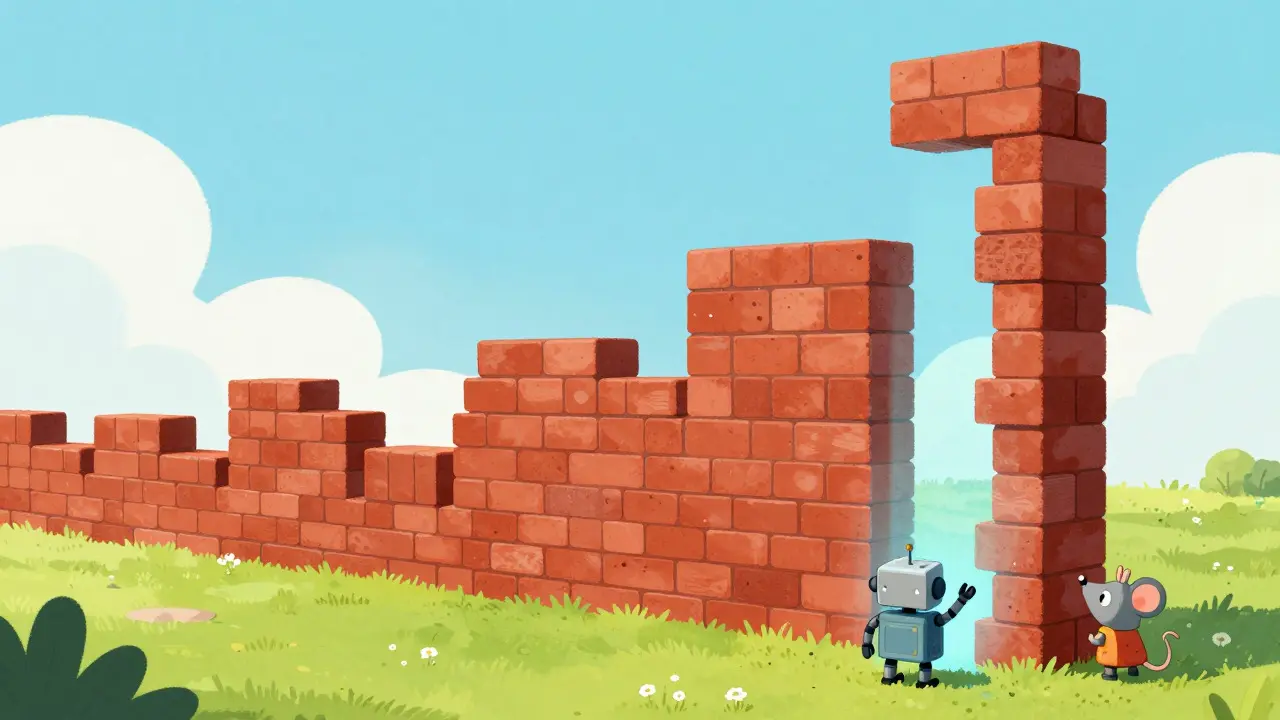 Cute robots building a tall brick wall to represent increasing security over time