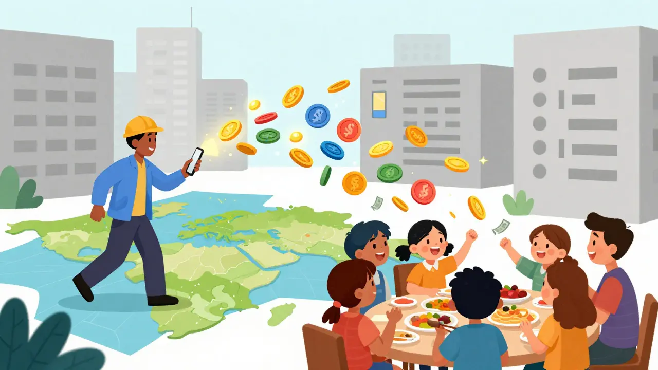 Digital coins flying across map to help family receive remittance