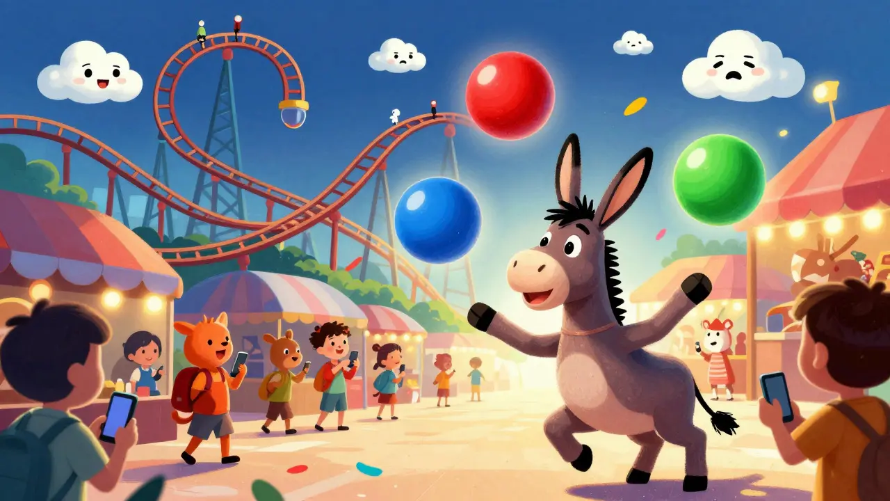 Donkey juggling colored balls near a rollercoaster track in a busy marketplace