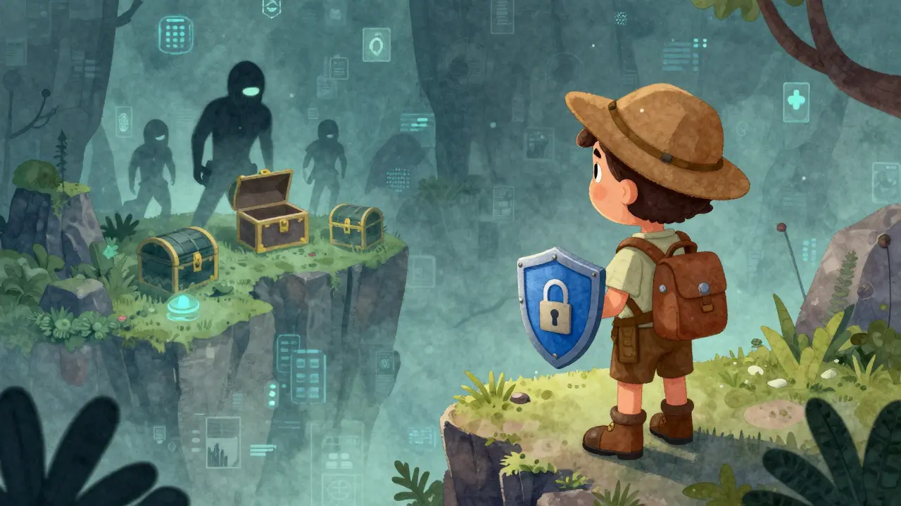 Explorer with shield facing risky digital landscape