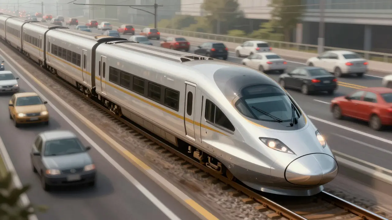 Fast train on a track next to a slow highway, illustrating instant versus probabilistic finality