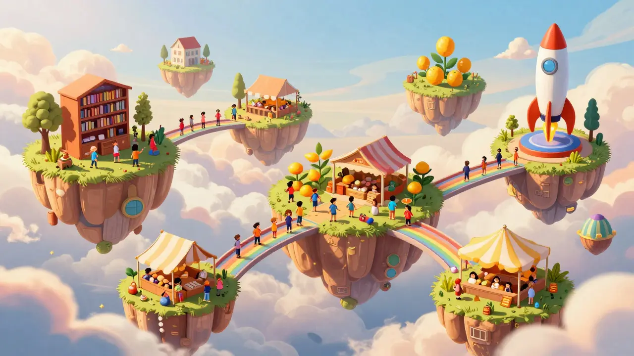 Floating islands depicting various DeFi tools like lending, staking, and launchpads