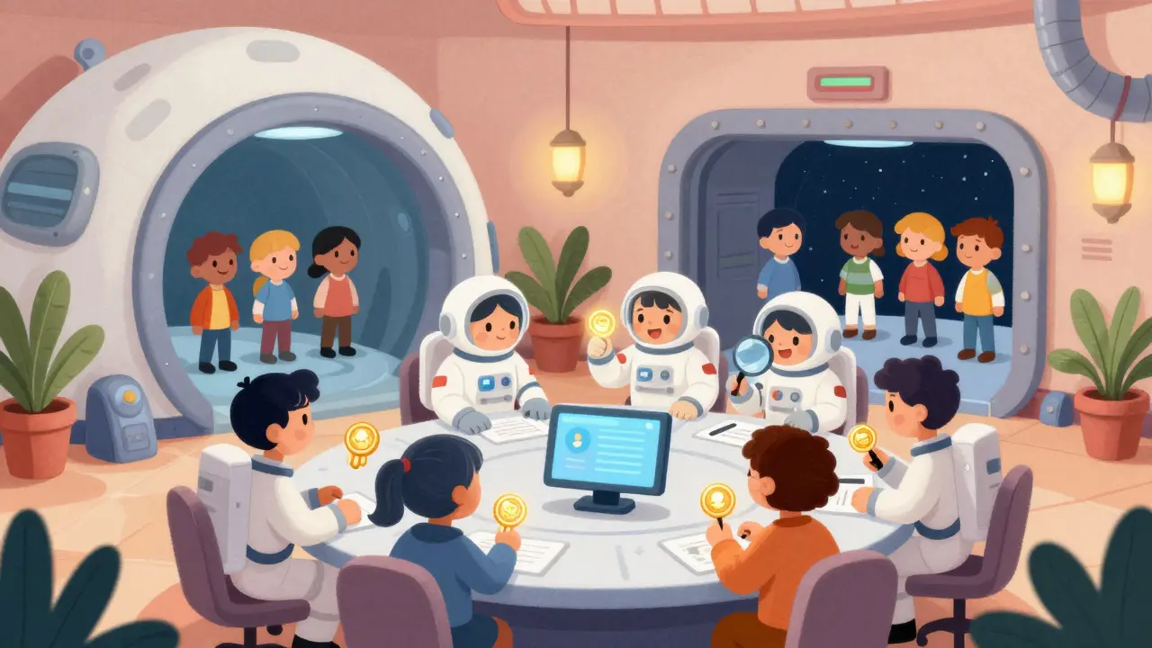 Friendly astronauts distributing glowing tokens in a cozy space station room