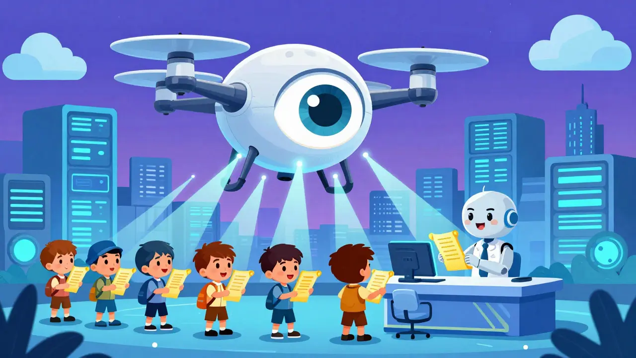 Friendly drone monitoring digital asset reports in a tech city
