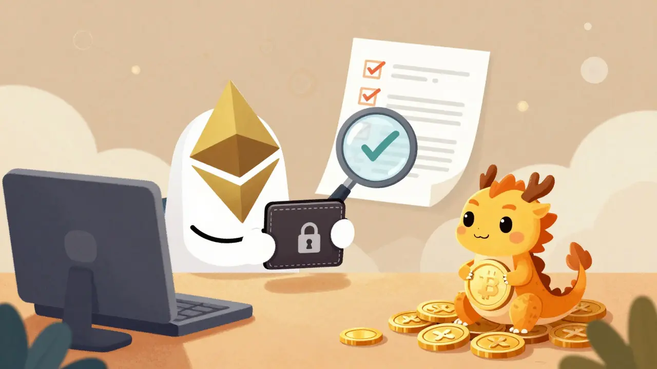Friendly Ethereum mascot holding a secure wallet next to a cute XED token creature.