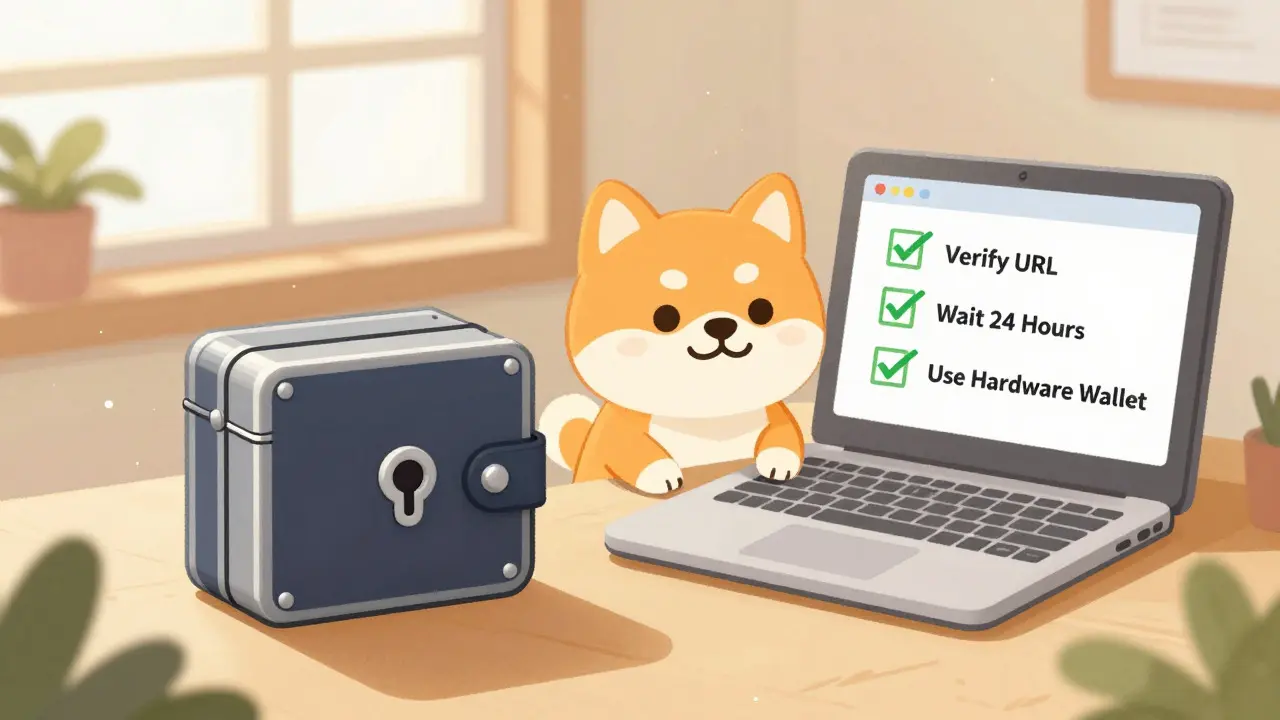 Happy cartoon dog using a hardware wallet in a sunny, secure home office setting.