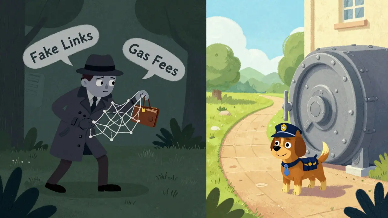 Illustration contrasting a shady scammer trapping an investor with a safe, verified path.