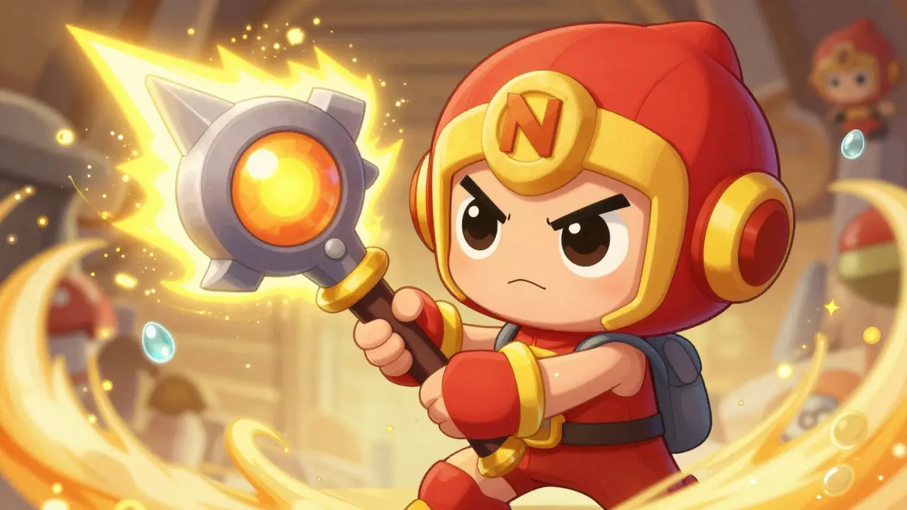 Illustration of a game character holding a glowing weapon surrounded by resource particles
