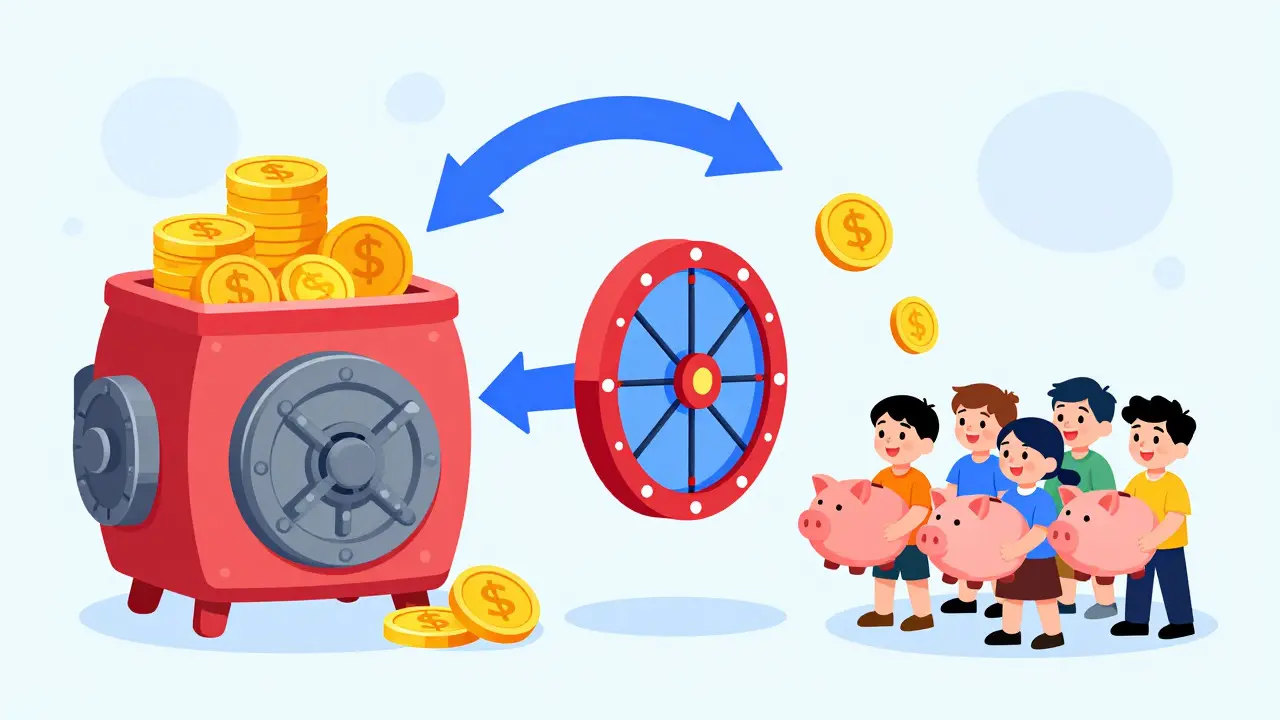 Illustration of a vault and spinning wheel distributing tokens to cartoon investors