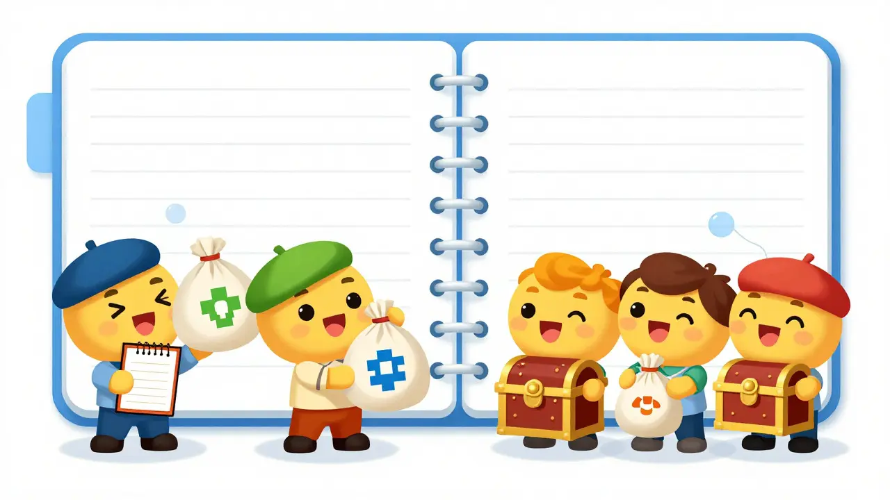 Illustration of artists and collectors receiving token rewards based on their past activity.