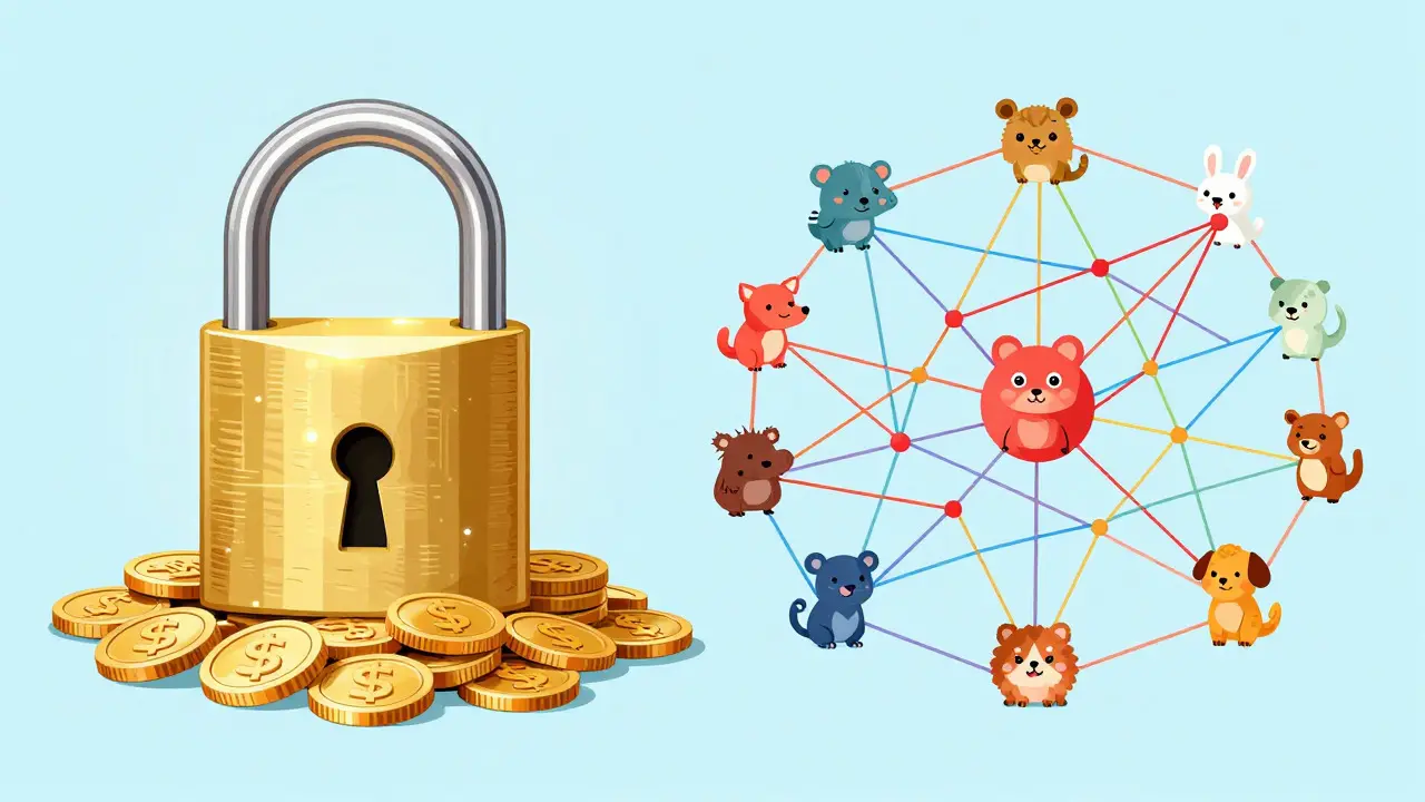 Illustration showing a gold lock for money and a web of connections for social trust graphs