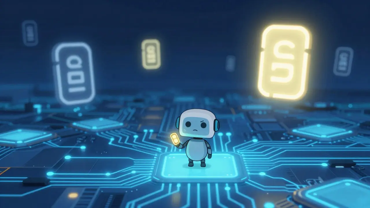 Lonely robot holding a dim token in a vast digital space