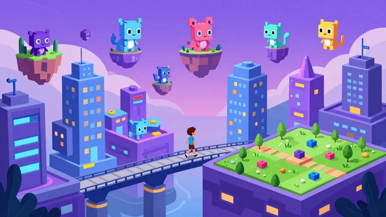 Playful cartoon metaverse city with floating islands and connected bridges.