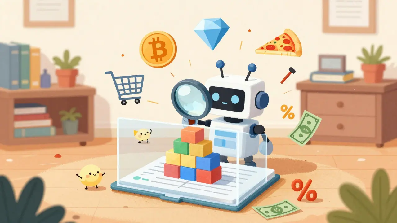 Robot examining crypto transactions turning into goods and services