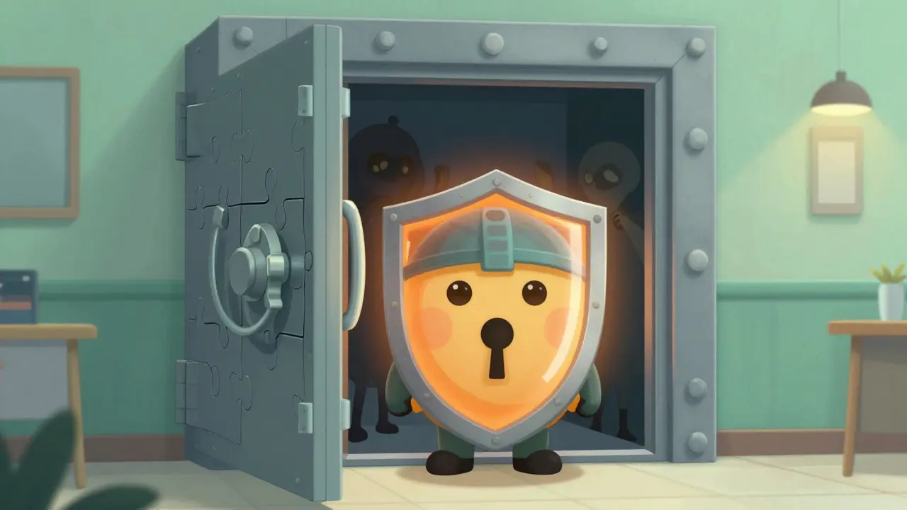 Shield-shaped guardian protecting a vault from shadowy figures in a calm room