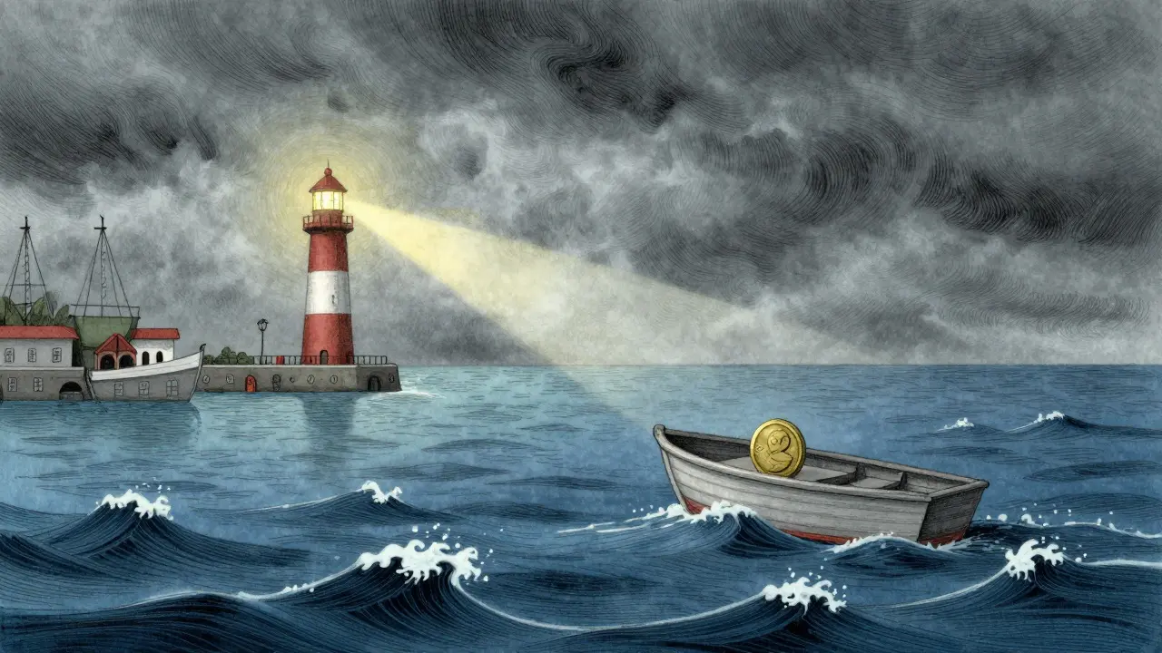 Small boat navigating choppy waters between a calm harbor and a stormy sea