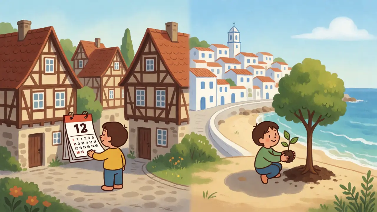Split scene of German village and Portuguese coast depicting long-term holding