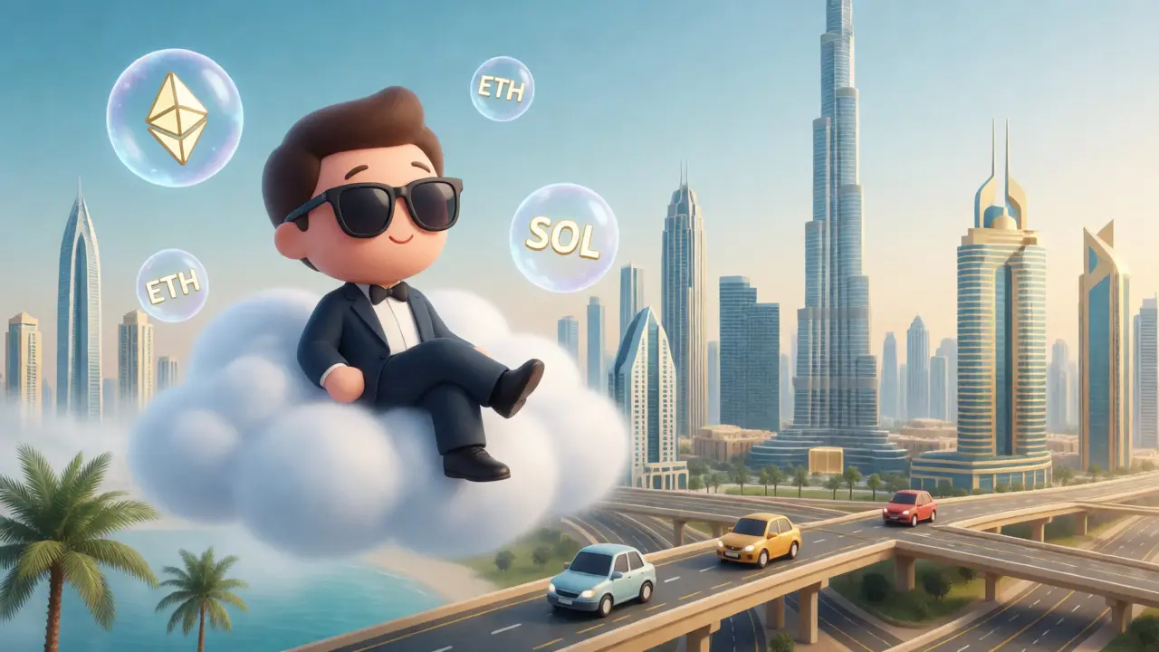 Stylized Dubai skyline with floating crypto symbols and a relaxed trader