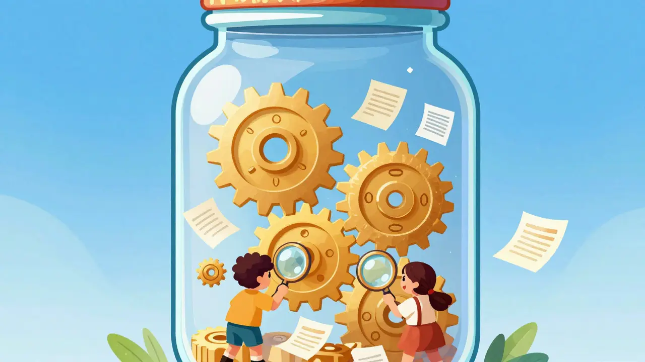 Transparent jar with gears and documents being inspected by small characters
