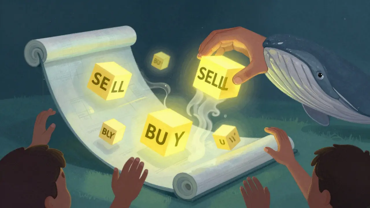 Whale hand manipulating disappearing trade blocks on scroll