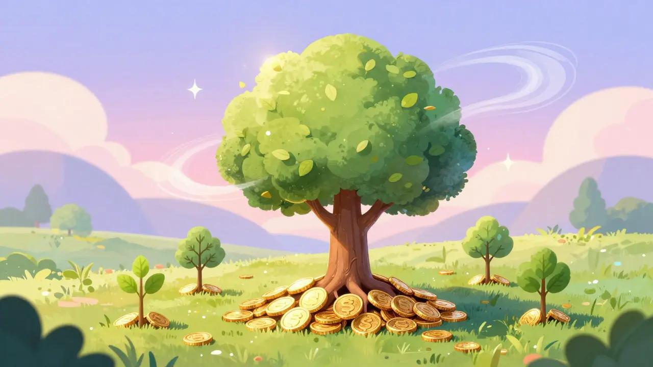 Whimsical tree with growing gold coins surrounded by smaller plants in a sunny field