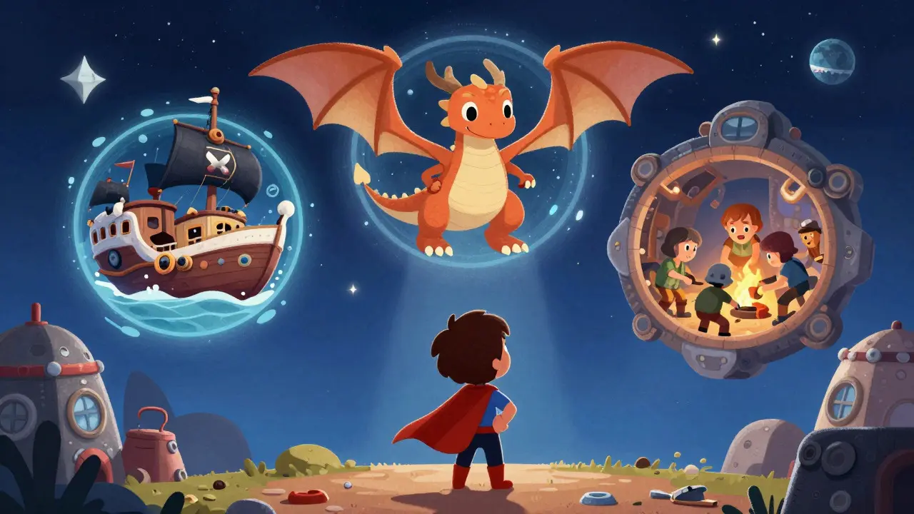 Whimsical view of three adventure portals in the sky watched by a hero character