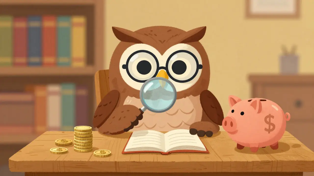 Wise owl examining a ledger and coins in a cozy library illustration