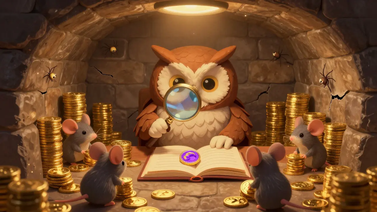 Wise owl inspecting a purple coin in a stone vault while mice count gold stacks nearby