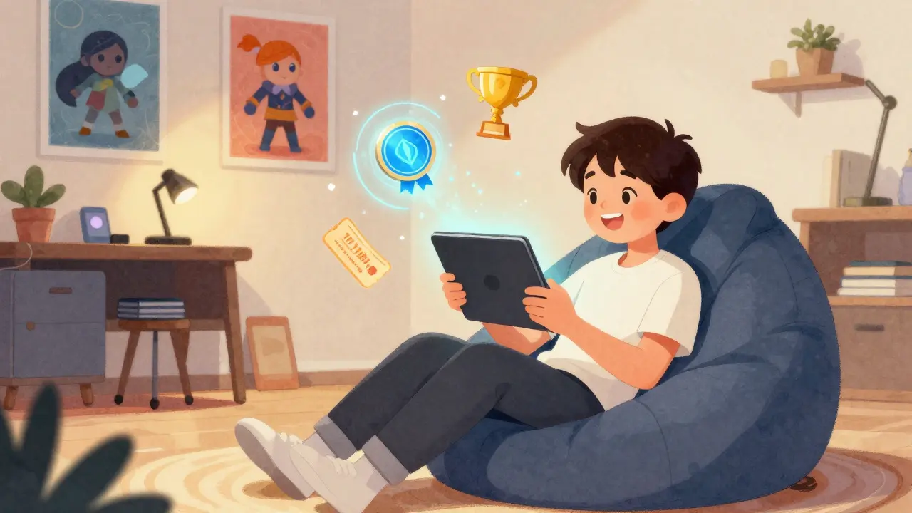 Young fan receiving holographic rewards and badges from a glowing tablet.