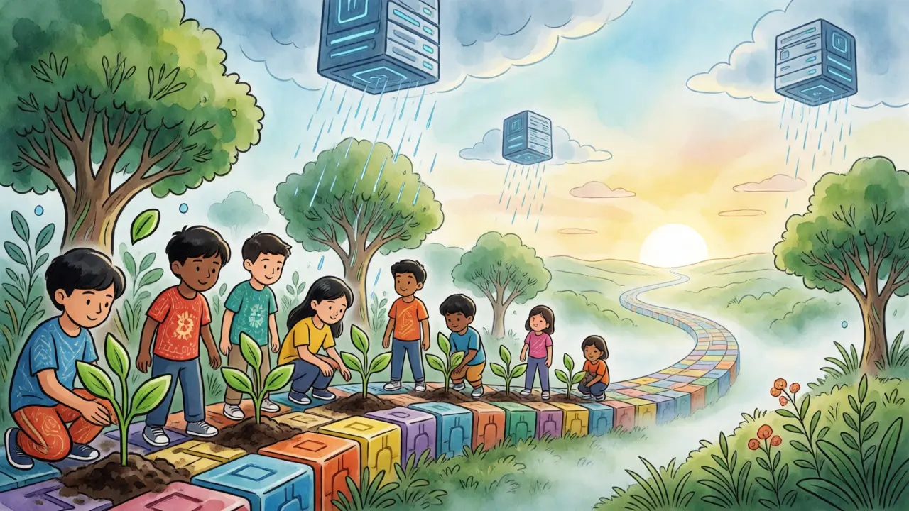 Young Indians planting crypto-symbol trees on a path leading toward a golden sunrise