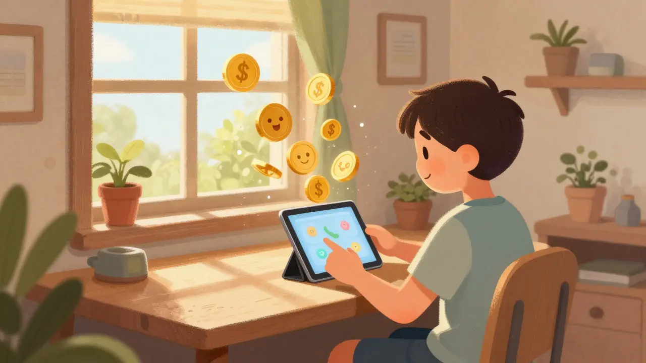 Young player smiling at tablet, earning gold coins in a sunny room.