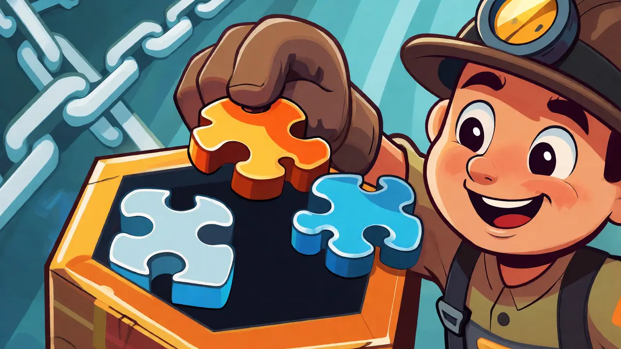 A cartoon miner placing high-fee transaction puzzles into a block.