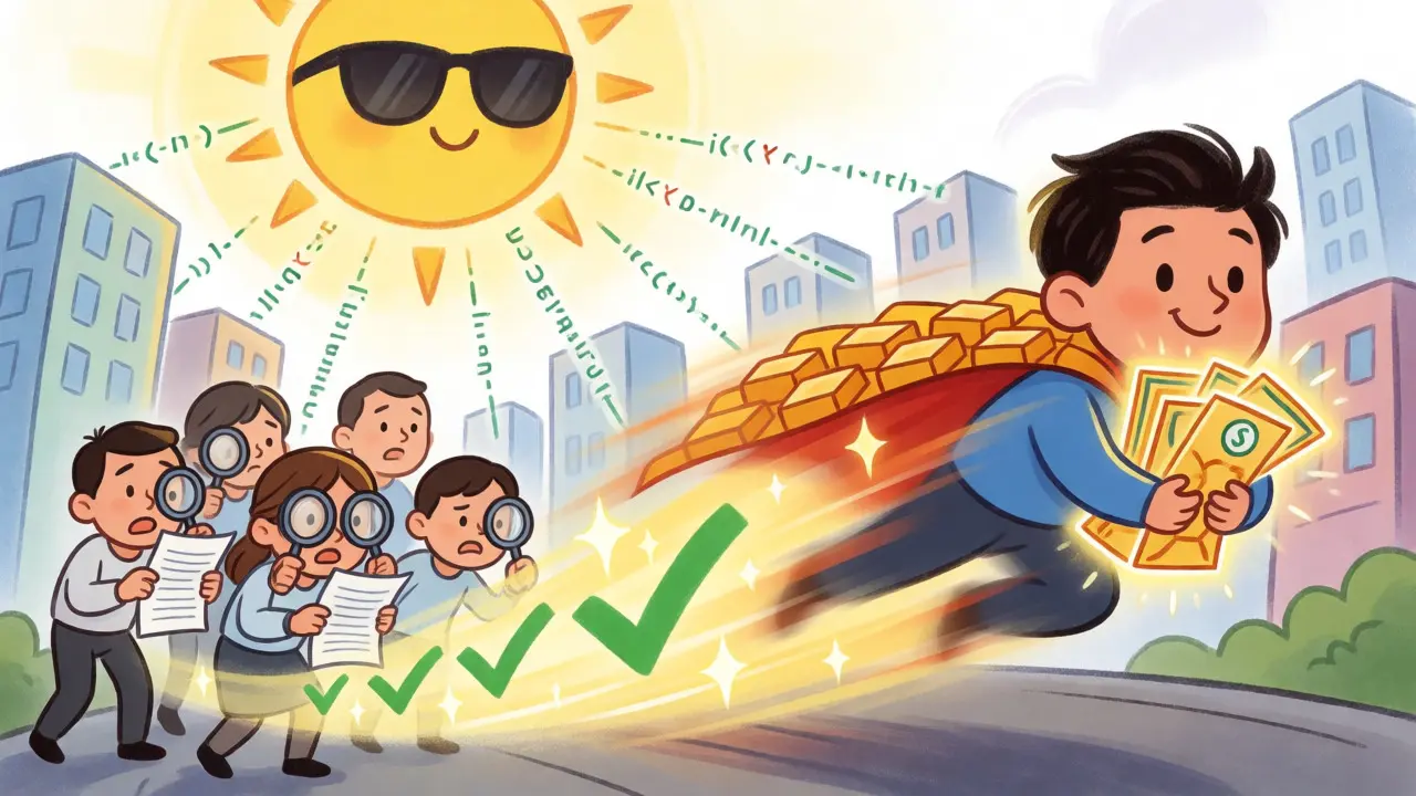 A crypto superhero speeds past slow clerks verifying paper documents with instant digital checks.