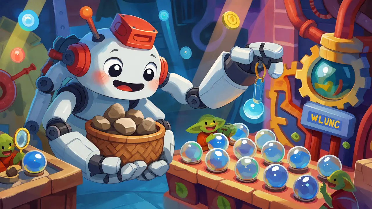 A friendly robot transforming rough stones into shiny orbs while small validators inspect them.