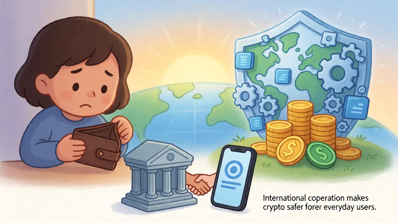 A global shield protecting digital assets, symbolizing safe crypto cooperation.