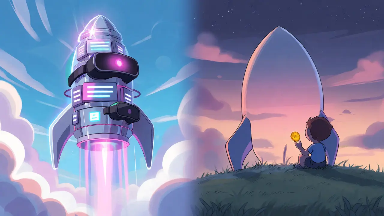 A rocket made of tech elements lands on a quiet hill next to a person holding a coin.