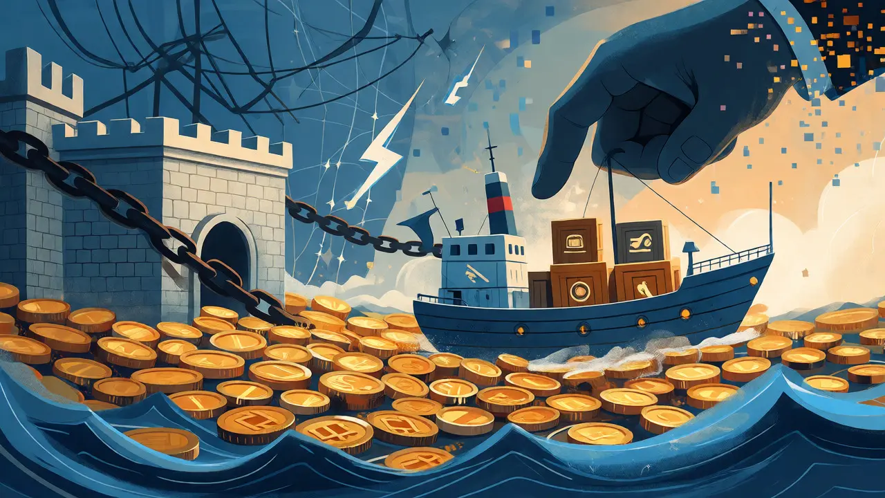 A ship sailing on a sea of gold coins, guided by a shadowy hand past a chained fortress.