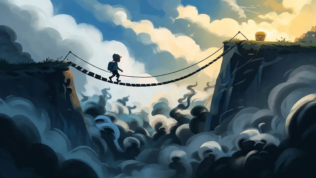 A tiny explorer crossing a wobbly rope bridge over a misty chasm towards a distant treasure.