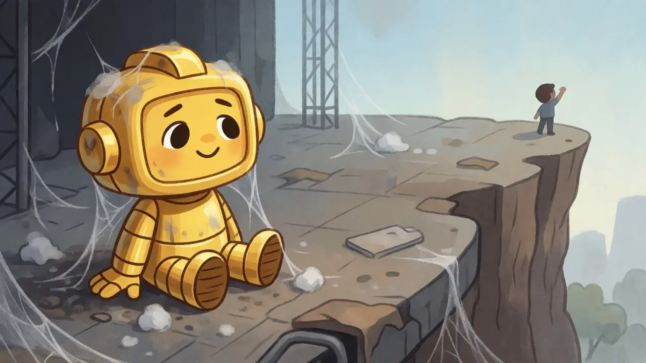 Abandoned cartoon mascot sitting on a dusty stage symbolizing project decline