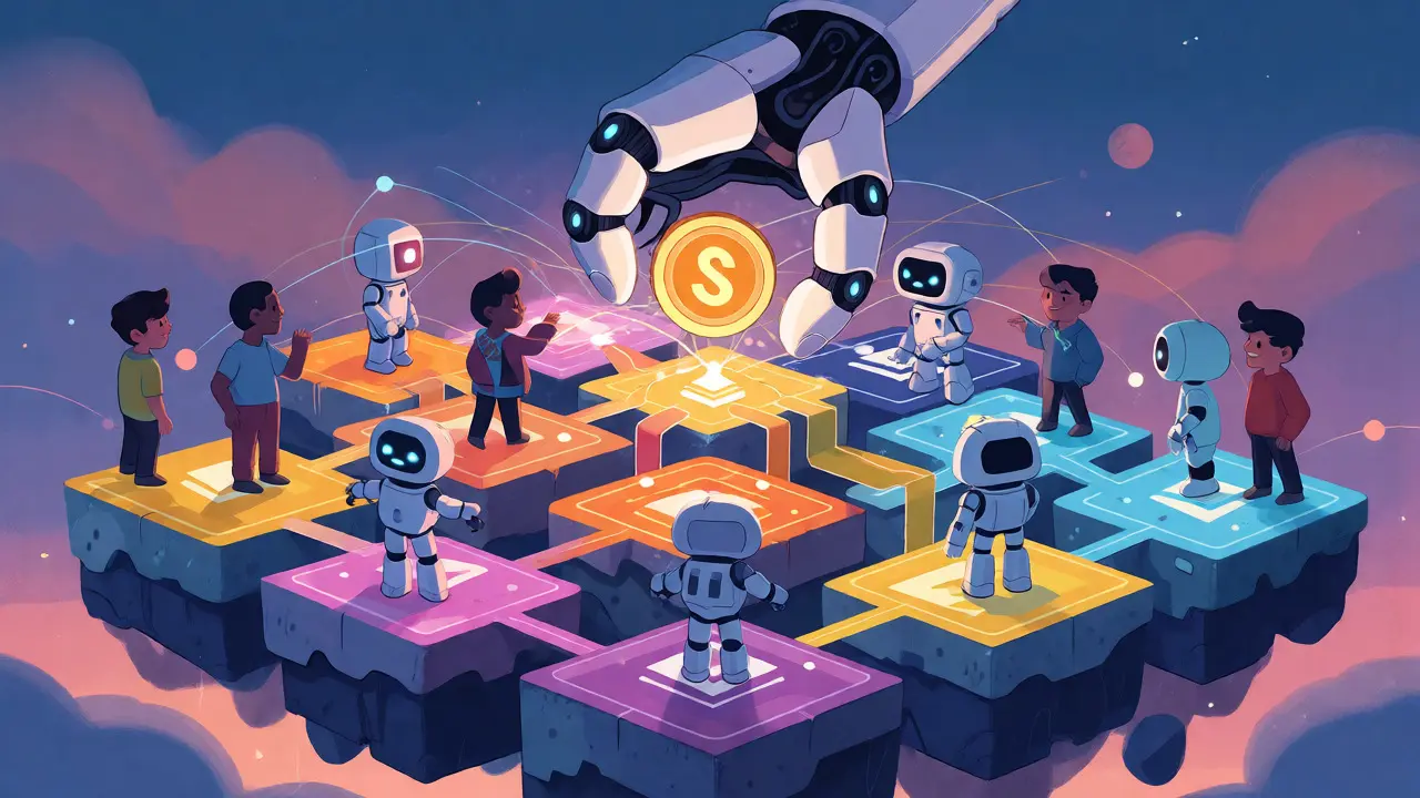 AI robots and avatars connecting blockchains on a floating island.