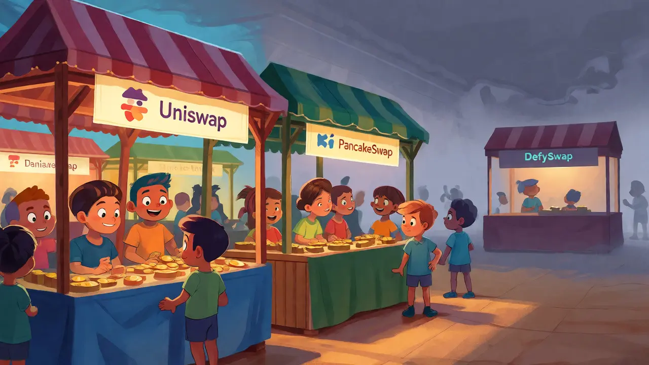 Bustling crypto marketplace with a lonely, foggy stall in the background.