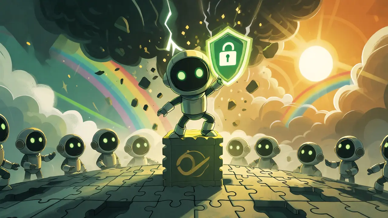 Cartoon avatar holding a privacy shield as sanction storms break