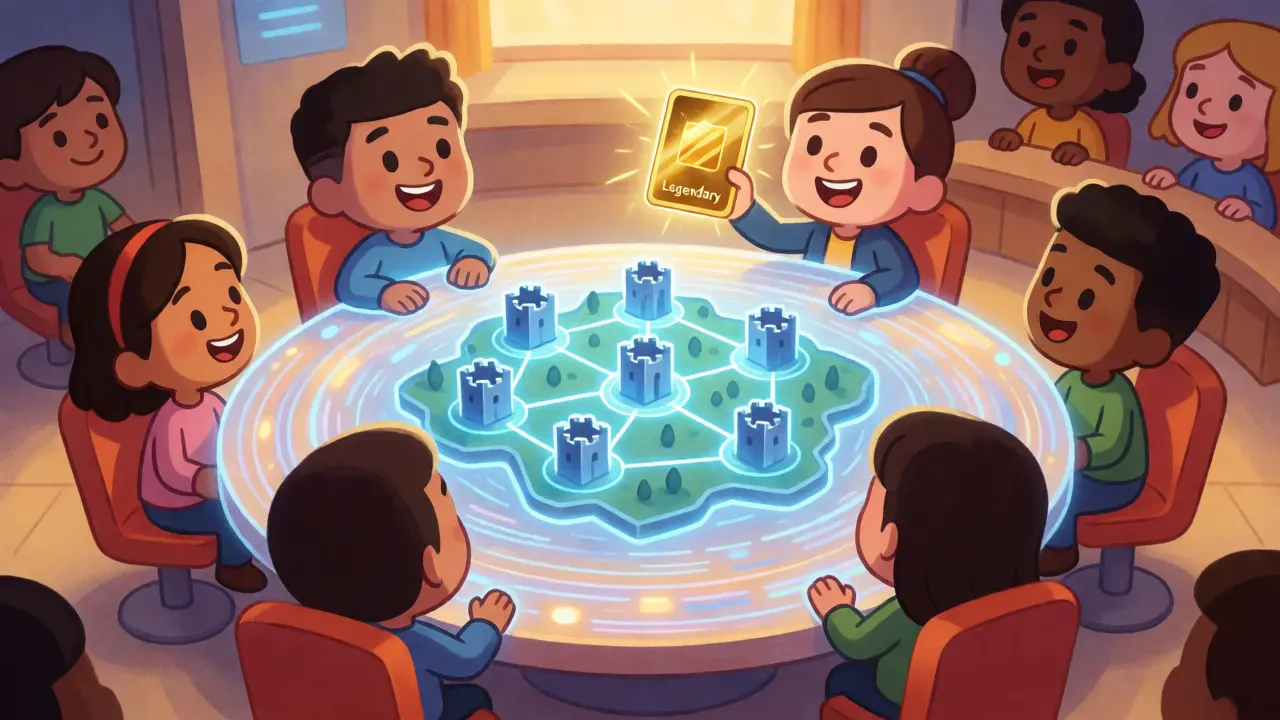 Cartoon avatars in a futuristic lobby admiring a glowing legendary NFT and holographic map.