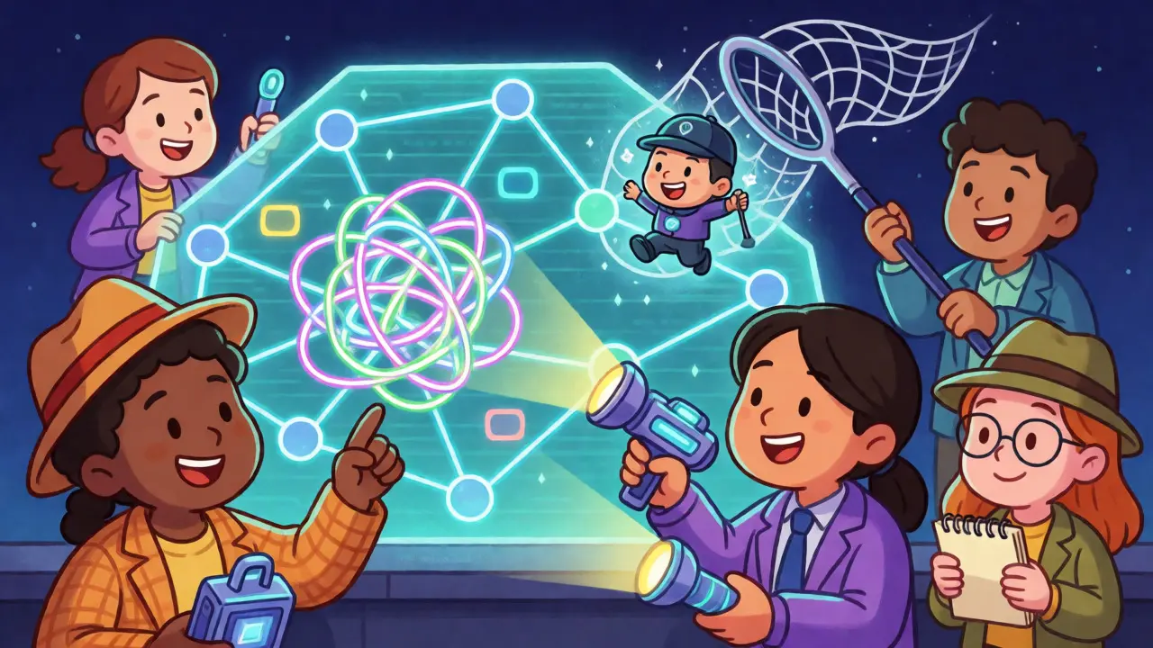 Cartoon investigators tracing blockchain transactions and catching a digital criminal.