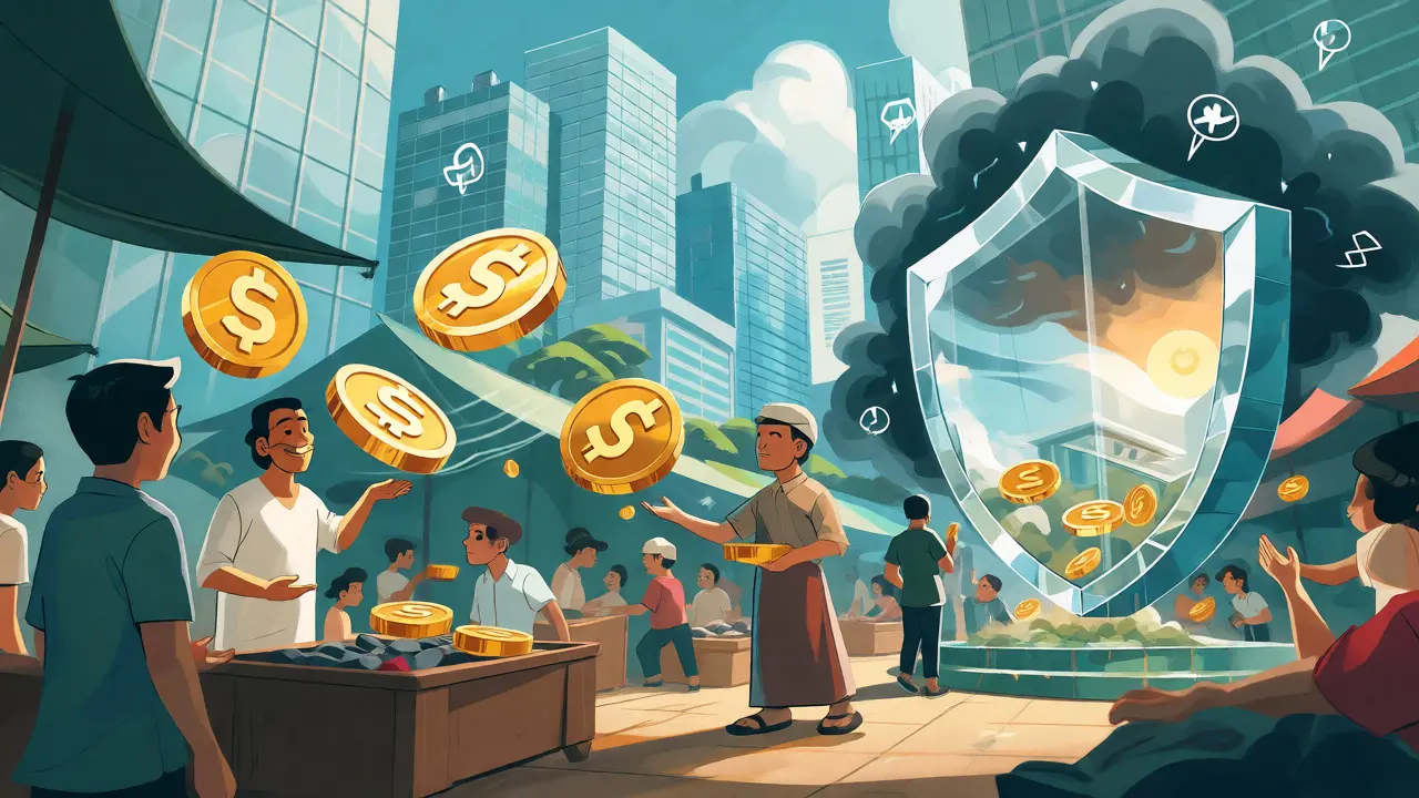 Cartoon marketplace showing safe stablecoin exchanges protected by a regulatory shield.
