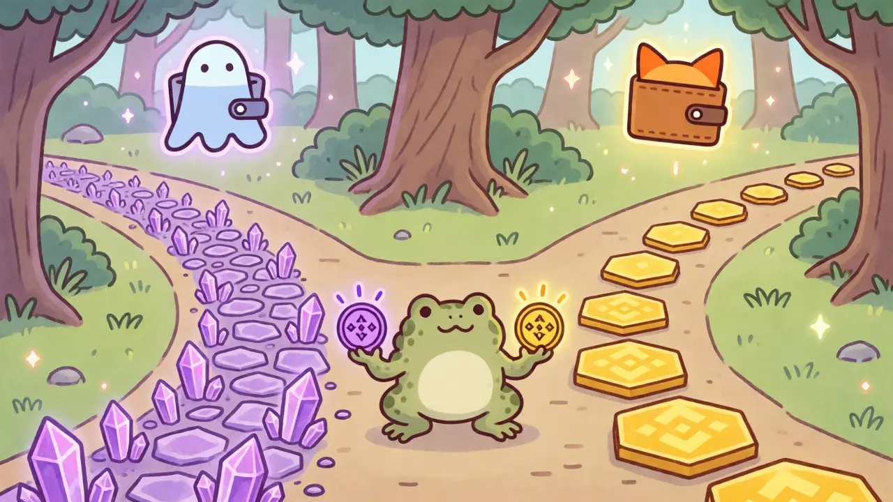Cartoon toad at a crossroads between purple crystal and yellow hexagon paths.